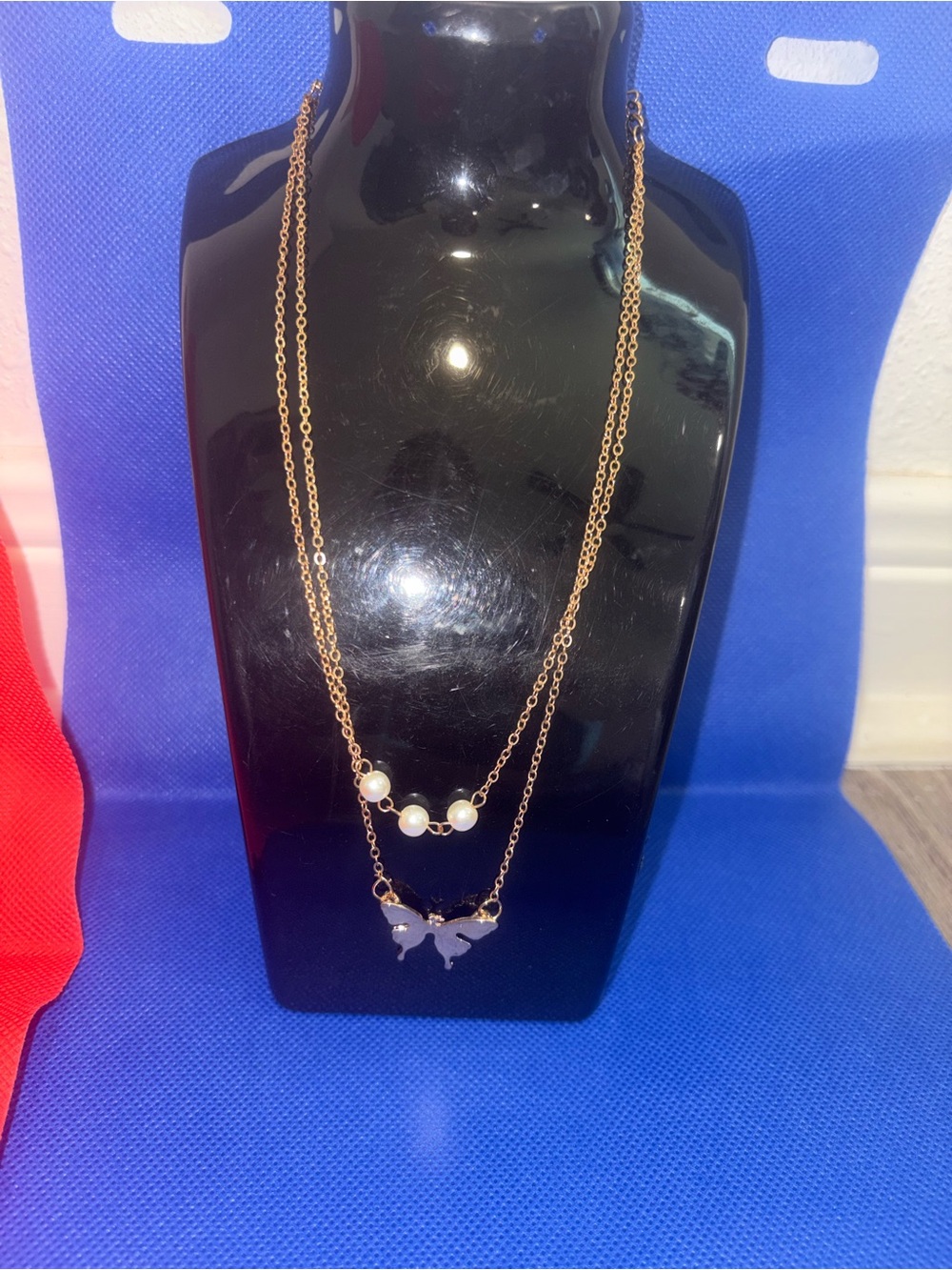Gold-Tone Double Layer Pearl & Butterfly Necklace - Women Jewelry